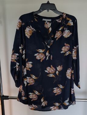 Daniel Rainn Navy Floral Split-Neck Blouse